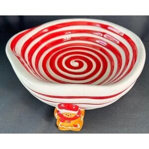 Cracker Barrel Red White‎ Christmas Bowl Footed Handcrafted Spiral Pattern